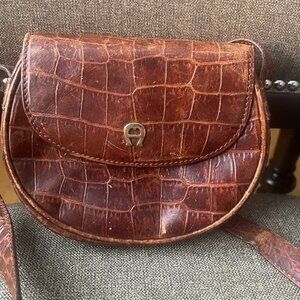 Aigner Dark Brown Croc Embossed Leather Logo Flap Crossbody Bag
